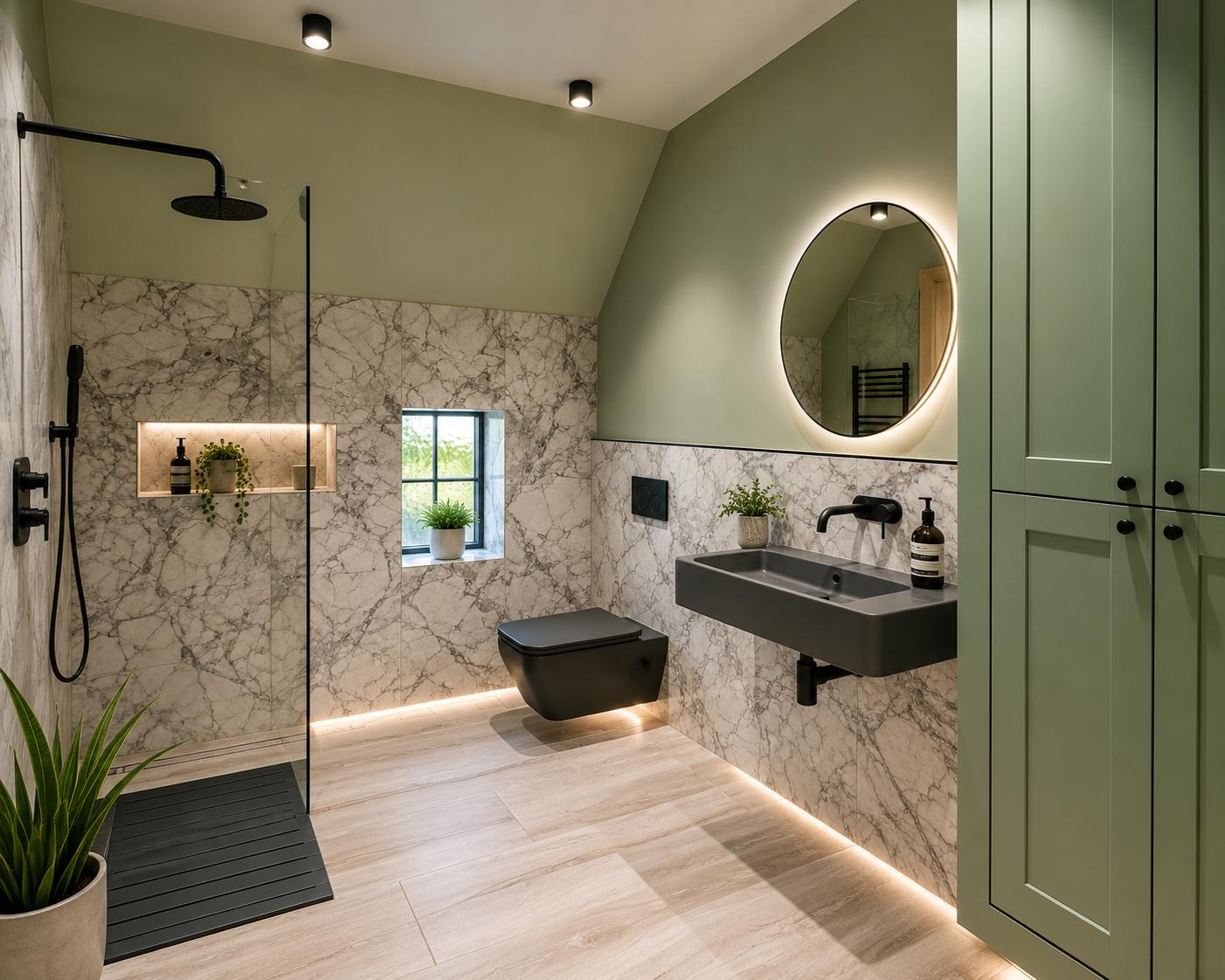 Bathroom with sage green fitted cupboards and marble-effect tiles