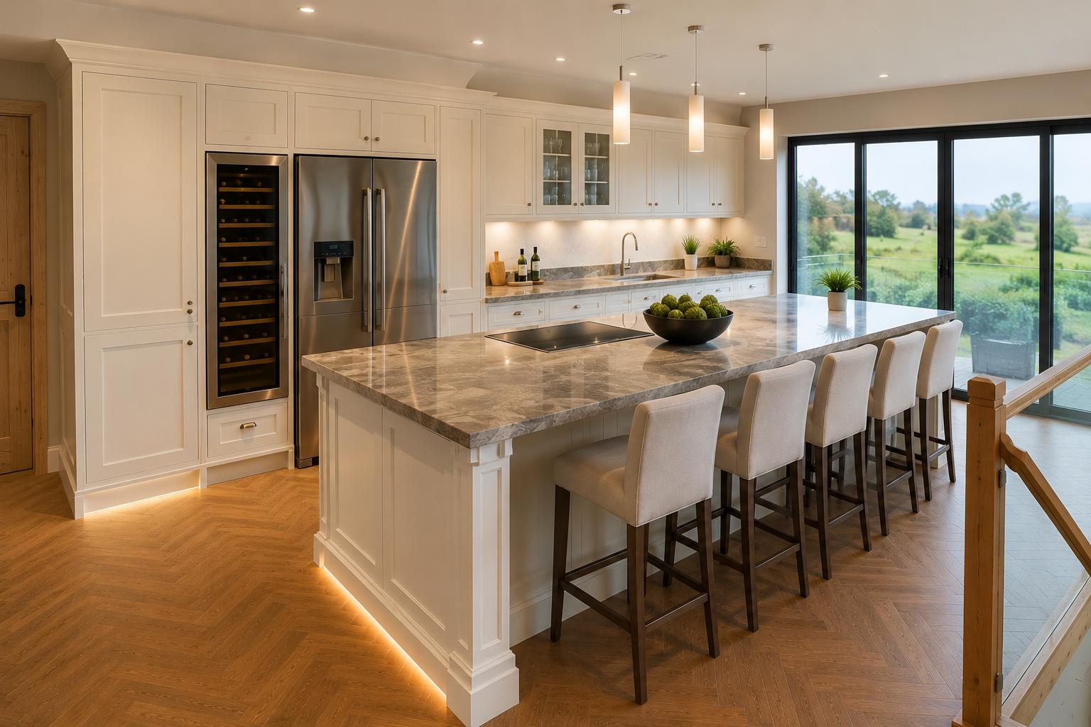 Shaker-style kitchen resprayed in cream with a marble-topped island